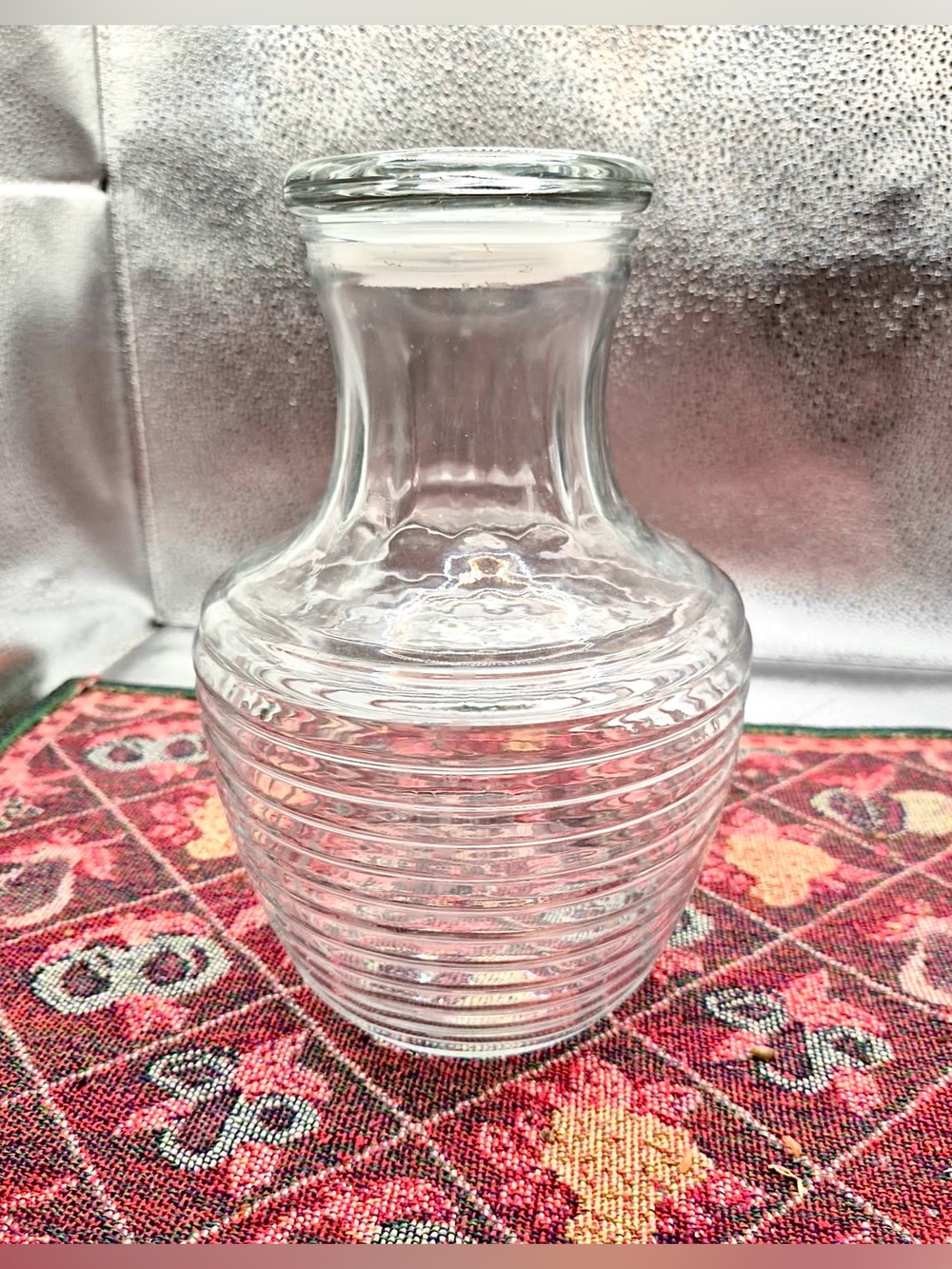 Vintage Retro Carafe with Lid - Art Deco Beehive Ribbed Glass Jug Anchor Hocking